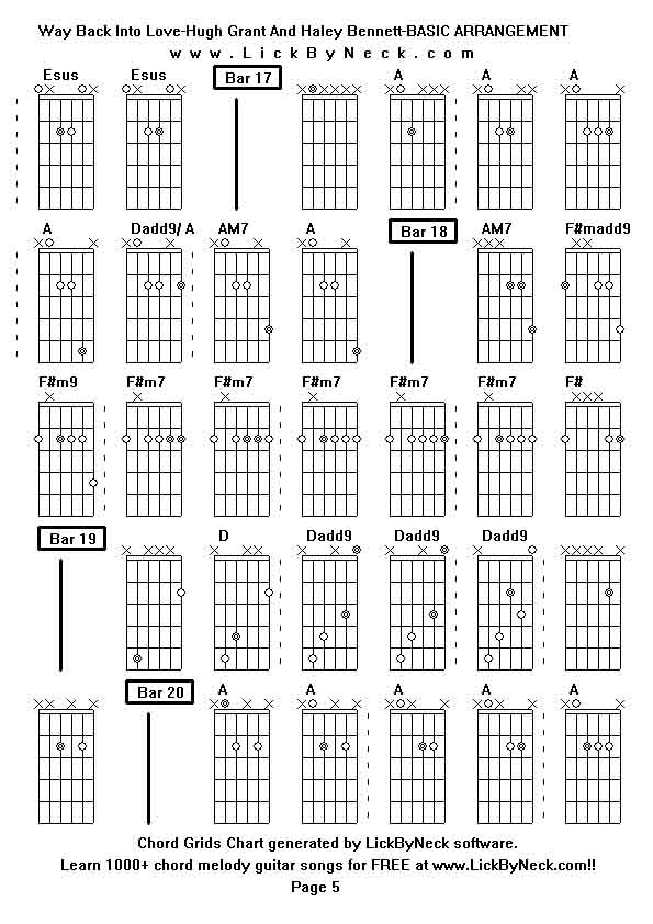 Chord Grids Chart of chord melody fingerstyle guitar song-Way Back Into Love-Hugh Grant And Haley Bennett-BASIC ARRANGEMENT,generated by LickByNeck software.